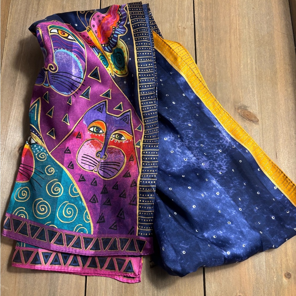 Vintage Laurel Burch Jewel-Tone Cat Print Scarf with Gold Accents 100% Silk - Picture 5 of 5